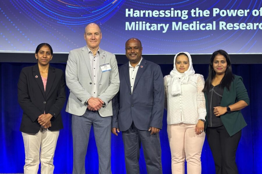 From left&comma; Allen Zennifer&comma; PhD&comma; Ken Bayles&comma; PhD&comma; Sangamesh Kumbar&comma; PhD&comma; Sama Abdulmalik&comma; PhD&comma; and Suranji Wijekoon&comma; PhD&comma; DVM&comma; celebrate at the Military Health System Research Symposium&period;