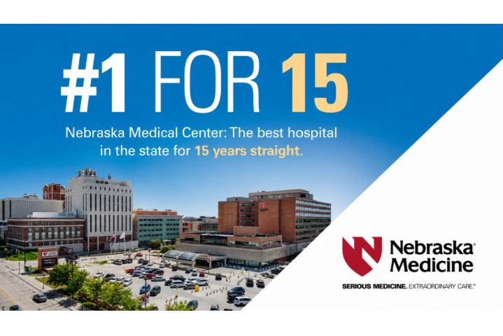 Photo illustration of Nebraska Medical Center, under a blue sky, with the words