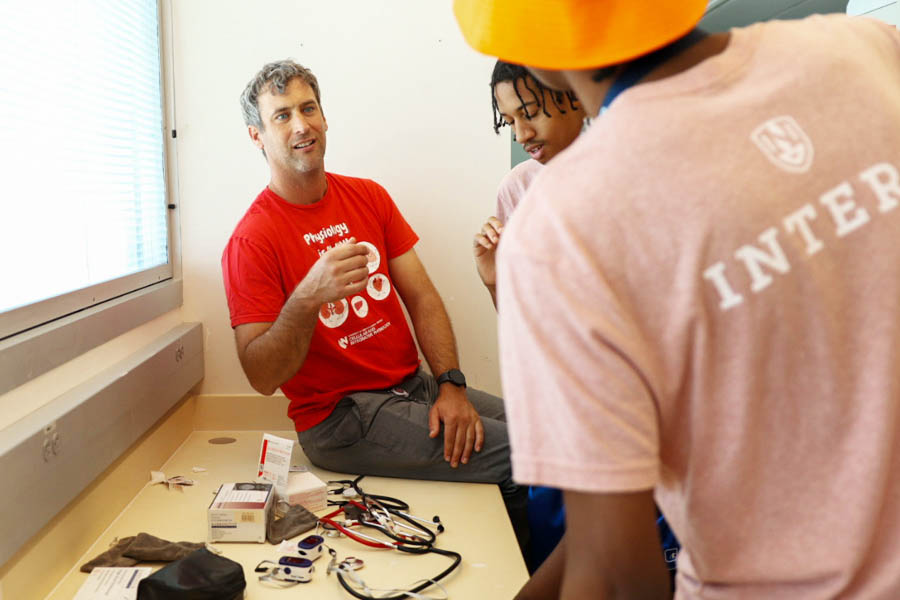 Participants got hands-on laboratory experience in the Physiology Lab of Bryan Hackfort&comma; PhD&comma; faculty member in the UNMC Department of Cellular and Integrative Physiology&period; With guidance from Dr&period; Hackfort and members of his lab&comma; the group examined a sheep heart and eye&comma; created a DNA sample and explored heart rate and the diving reflex&period;
