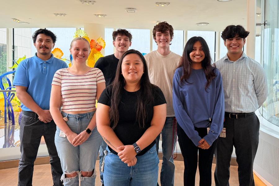 From right&colon; Abdul Hameed Rahmanzai &lpar;SURP scholar&rpar;&comma; Sriya Sridhar &lpar;mentor&rpar;&comma; Joshua Wilkinson &lpar;SURP scholar&rpar;&comma; Maggie Luong &lpar;mentor&rpar;&comma; Porter Dickenson &lpar;SURP scholar&rpar;&comma; Grace Waldron &lpar;mentor&rpar;&comma; and Santosh Shrestha &lpar;mentor&rpar;