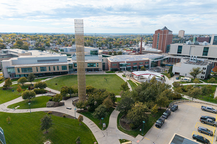 Drone shot of the UNMC campus looking at Hope Tower and the Student Plaza.