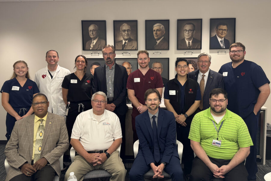 Front row&comma; from left&comma; Nebraska State Sens&period; Victor Rountree&comma; Rick Holdcroft and George Dungan and Tyler Mahood from the office of Sen&period; Teresa Ibach&semi; back from left&comma; dental student Hanna Hawks&comma; Greg Bennett&comma; DMD&comma; dental student MacKenzie Conklin&comma; UNMC College of Dentistry Dean Gerard Kugel&comma; DMD&comma; PhD&comma; dental students Isaiah Brant and Kerry Zhu&comma; Scott Morrison&comma; DDS&comma; and dental student Kade Bratzel&period;