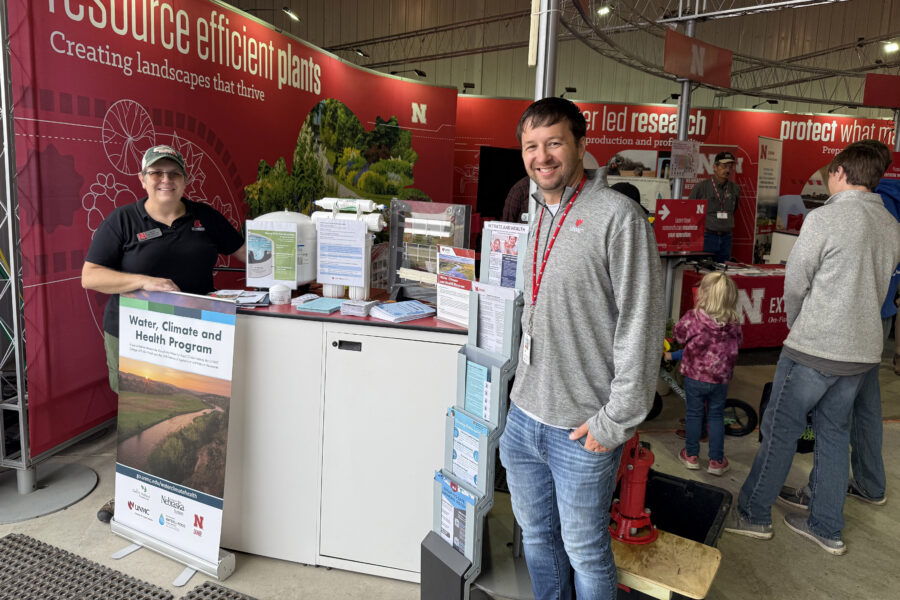 From left&comma; Nebraska Extension's Becky Schuerman and UNMC Water&comma; Climate and Health Program's Taylor Dahl met with the community at Husker Harvest Days&period;