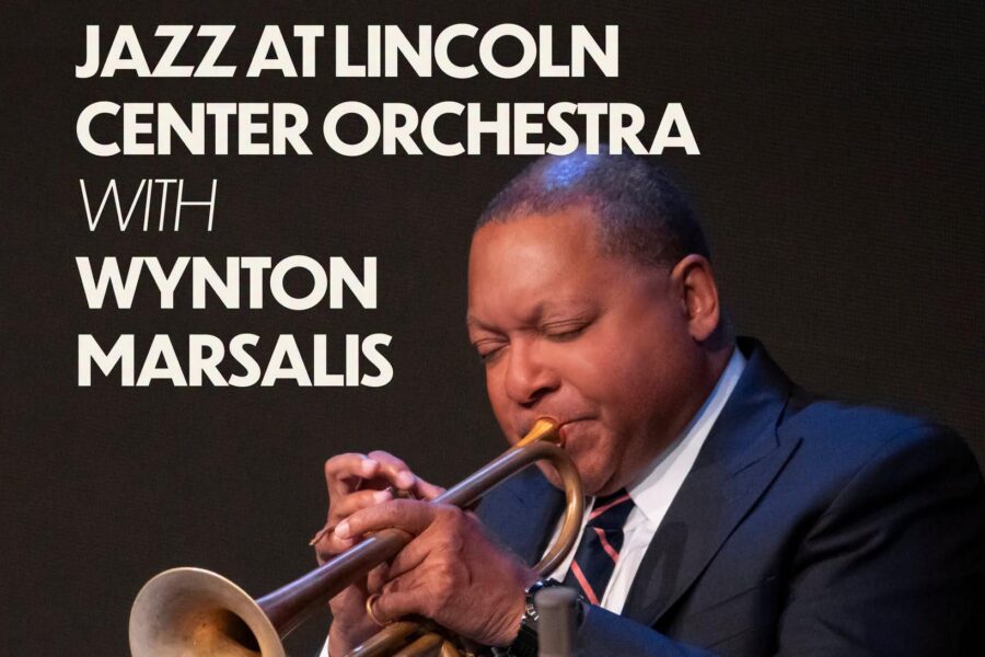 Wynton Marsalis shown playing his trumpet, eith the words