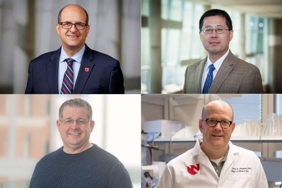 Clockwise from top left&comma; Aaron Mohs&comma; PhD&comma; Dong Wang&comma; PhD&comma; Corey Hopkins&comma; PhD&comma; and Paul Dobesh&comma; PharmD