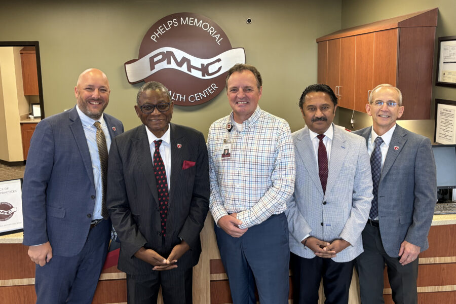 From left&comma; Brandon Grimm&comma; PhD&semi; UNMC Chancellor H&period; Dele Davies&comma; MD&semi; Phelps Memorial CEO Mark Harrel&semi; Chandra Are&comma; MBBS&semi; and Rob Messbarger&comma; MD