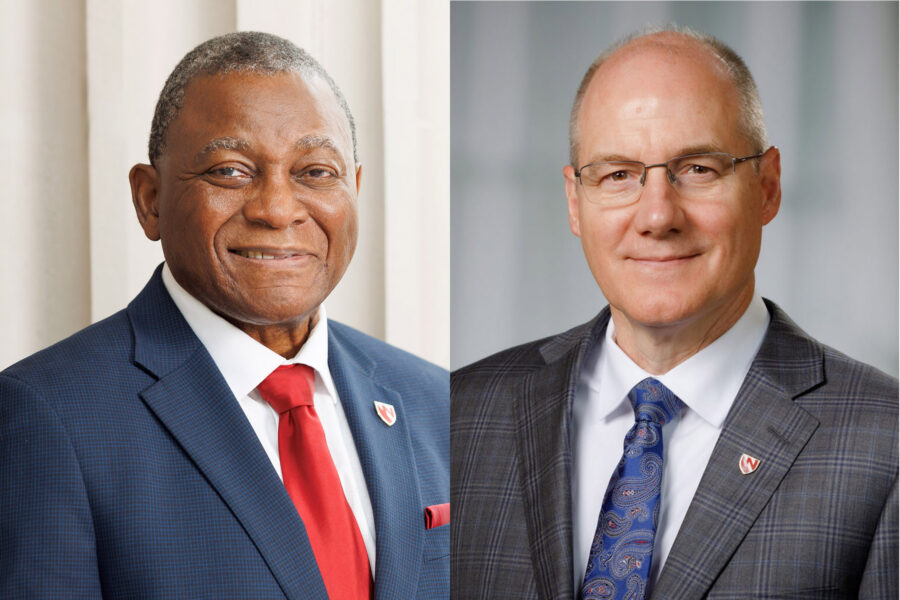 UNMC Chancellor H&period; Dele Davies&comma; MD&comma; and Ken Bayles&comma; PhD&comma; vice chancellor for research