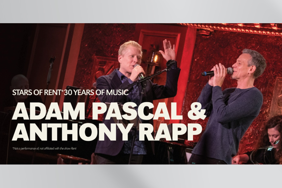 Anthony Rapp, at left, and Adam Pascal are shown singing together, with the words