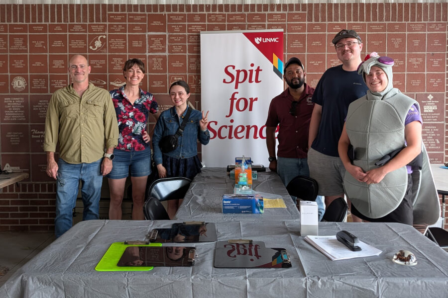 From left&comma; David Brett-Major&comma; MD&comma; Jana Broadhurst&comma; MD&comma; PhD&comma; UNMC MD-PhD student Sarah Uhm&comma; UNMC PhD student Del Dsouza and Dylan George&comma; PhD&comma; joined "mosquito" Megan Barhafer&comma; community health planner supervisor&comma; Panhandle Public Health District&comma; at a research&sol;outreach station at the Box Butte County Fair this summer&period;