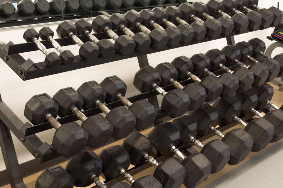 A rack with three rows of dumbbells, ordered from the lightest on the top row to the heaviest on the bottom row, going left to right.