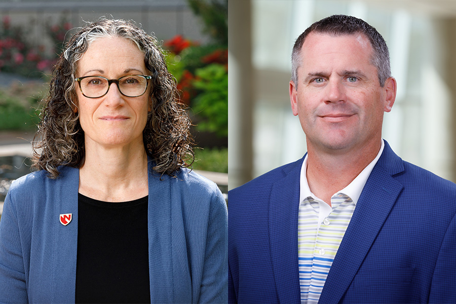 Karen Gould&comma; PhD&comma; left&comma; and Matthew Zimmerman&comma; PhD&comma; are finalists for UNMC Graduate Studies dean&period;