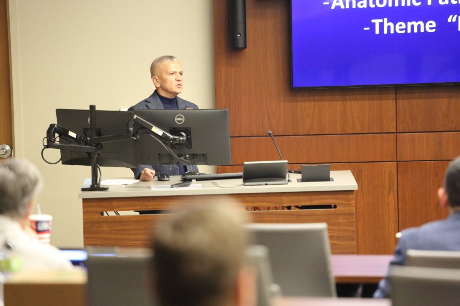 Subodh Lele&comma; MD&comma; professor and the department's associate vice chair of faculty affairs and development&comma; speaks at the conference&period;