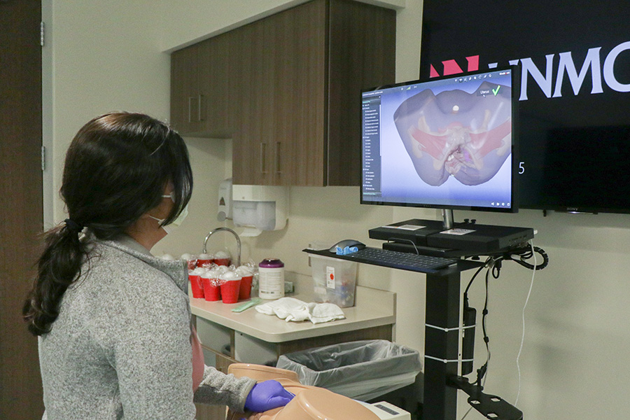 Student interacts with female pelvic anatomy simulator