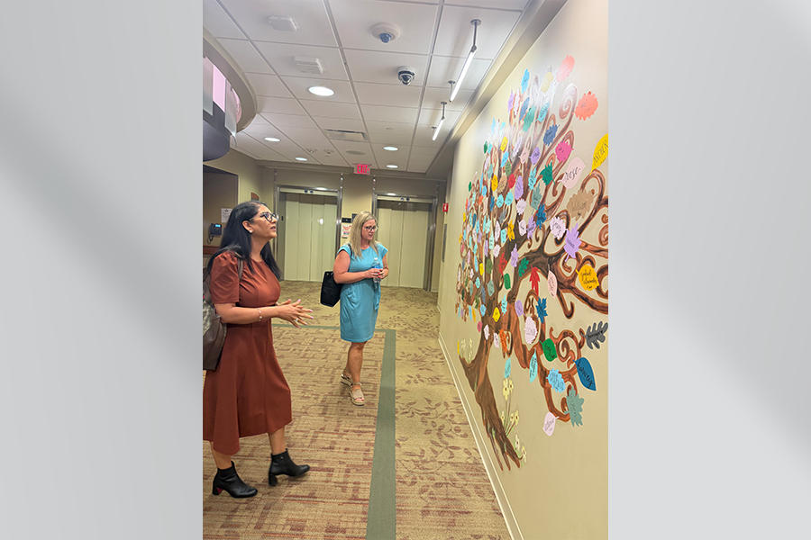 Two people viewing a mural on a wall at a health care facility