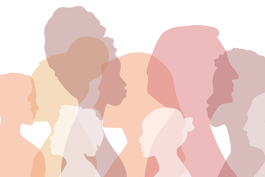 Collage of overlapping human profile silhouettes in shades of pink, peach, and brown
