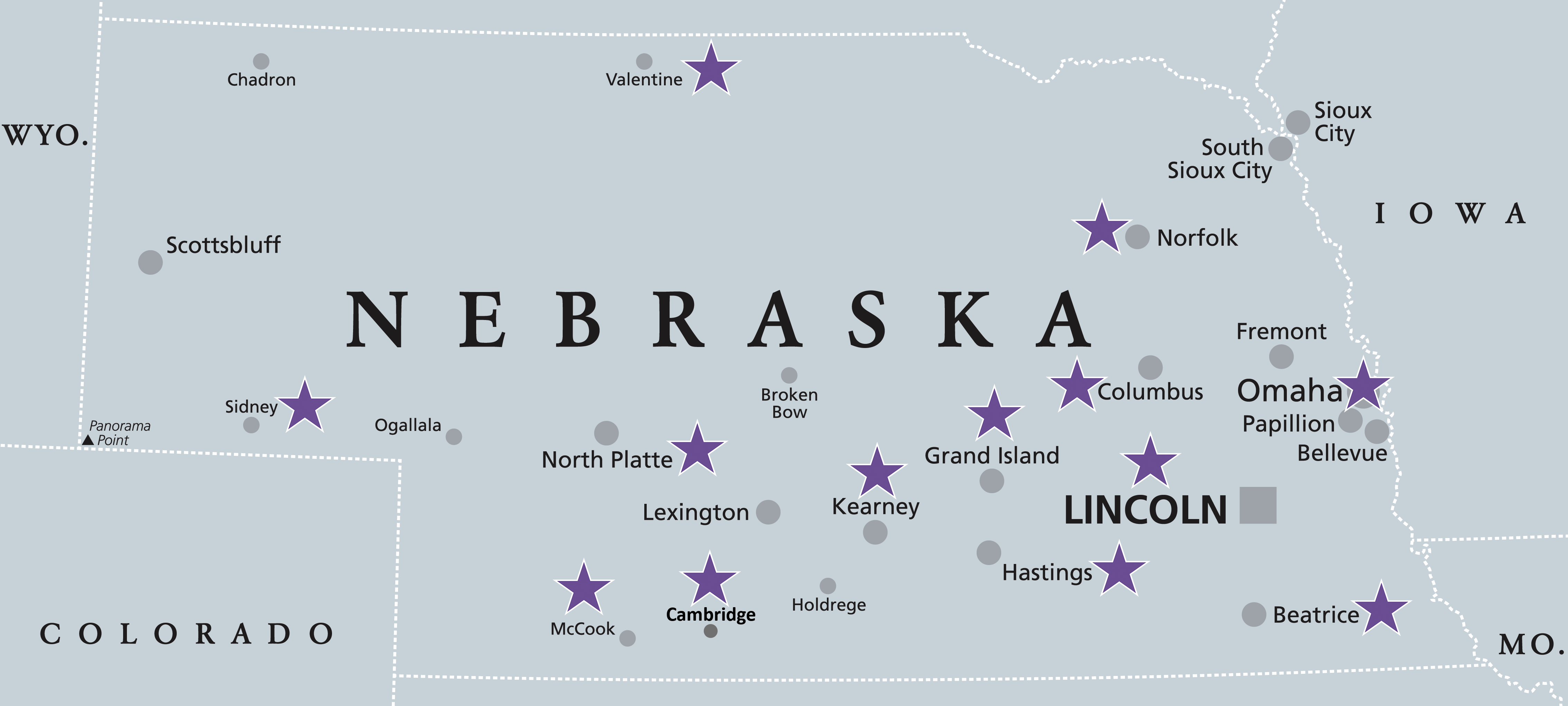 Nebraska map with cities listed and purple stars next to the EMBRACE potential collaboration sites.