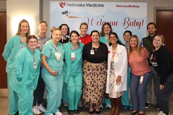 Dr. Sarosh Rana and Dr. Rebecca Rimsza with the Nebraska Medicine Labor and Delivery team