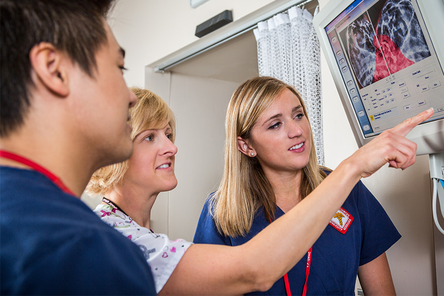 Medical professionals looking at medical results on a screen.