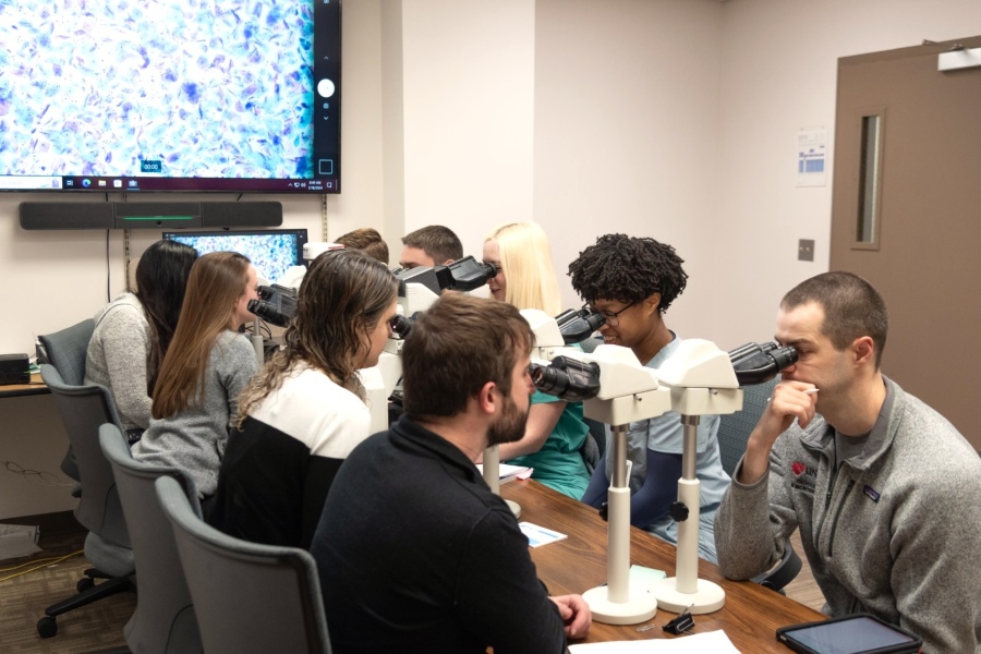 Nine people looking through microscopes with slide projected on screen on the back wall