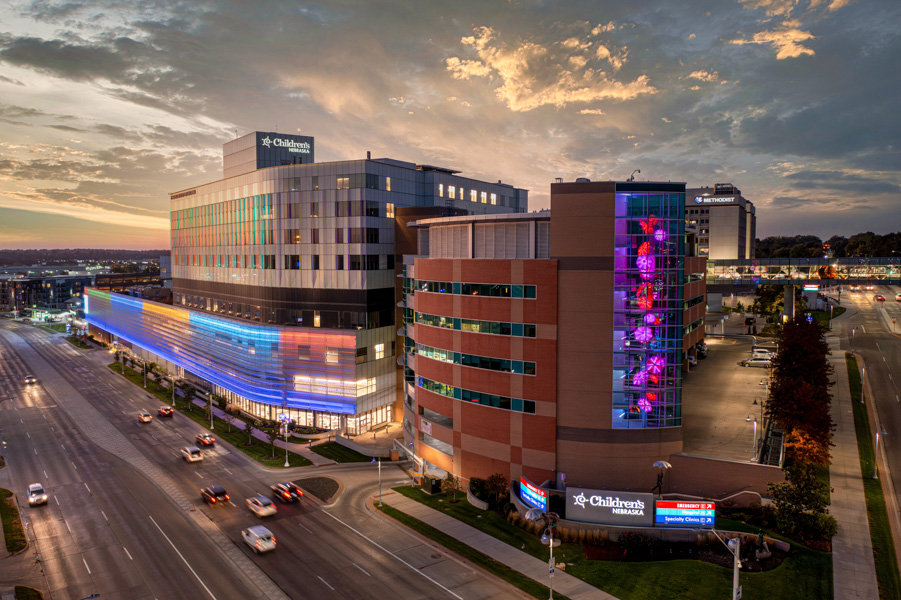 skyline view of Children's Nebraska buildings at night