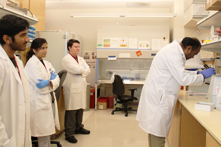 Three students in white coats watch a researcher work in a lab