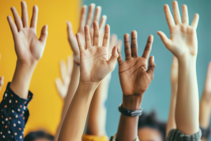 hands raised in the air to ask a question