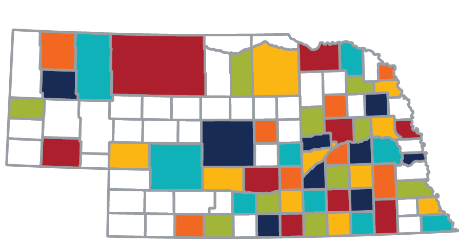 outline of Nebraska with counties served by rural preceptors filled in