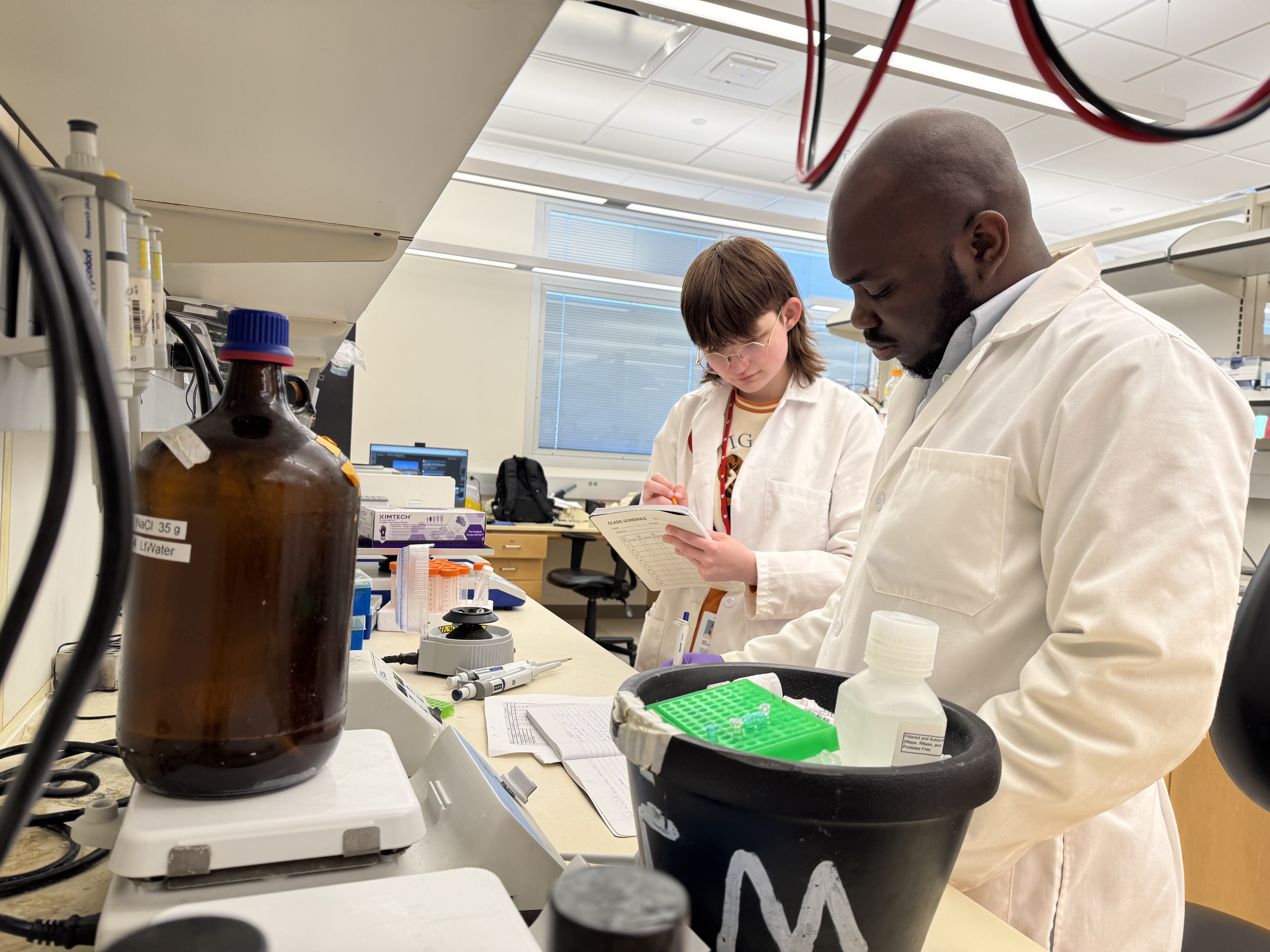 Postdoc teaches lab techniques to MCC student