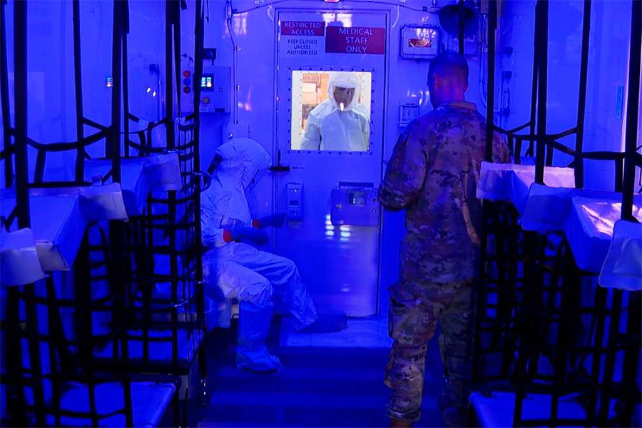 Image of the Negatively Pressurized Conex unit, or NPC, a retrofitted shipping container redesigned into a clinical space for high-level-isolation patient movement on military aircraft.