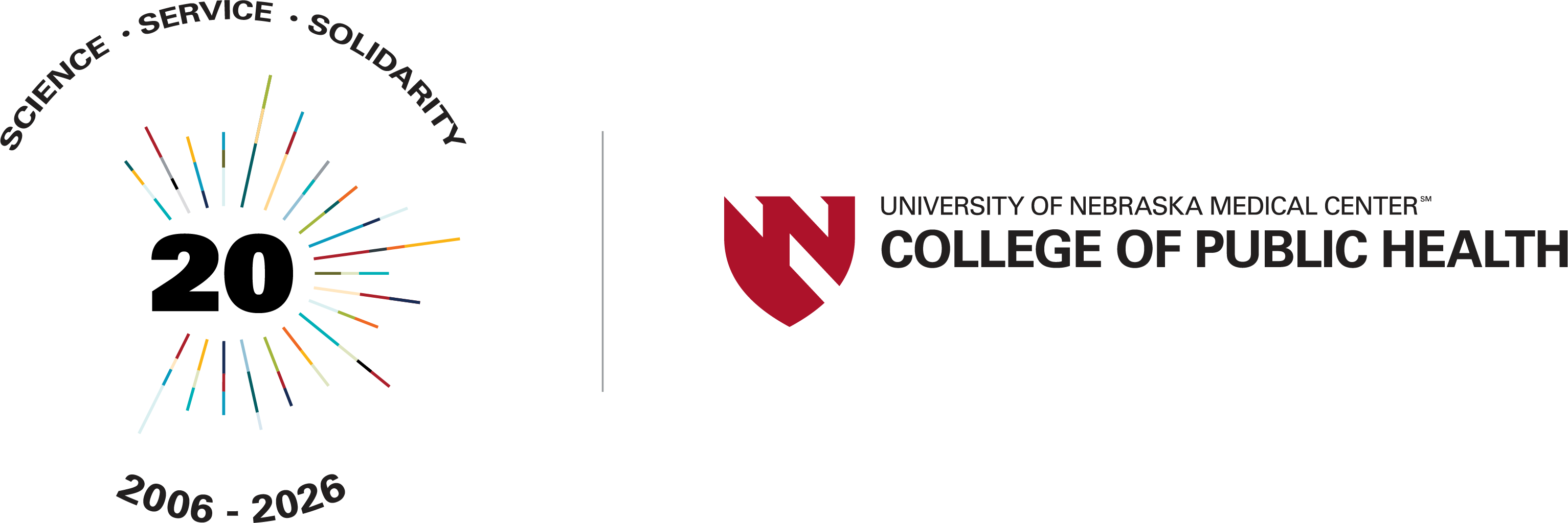 On the left, a multicolored burst surrounding the number 20 with "Science • Service • Solidarity" arched over top and "2006-2026" arched underneath to celebrate the UNMC College of Public Health's 20-year anniversary followed by the college's main logo with the red shield icon and UNMC College of Public Health on the right