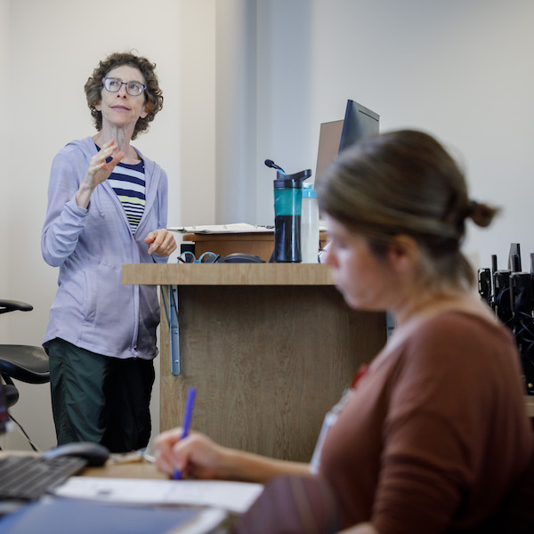 A professor instructing for the class. 