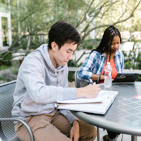 Two students studying outside. 