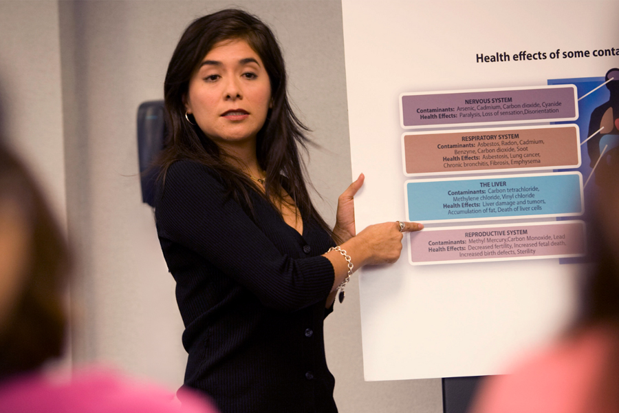 Woman pointing to poster with information on it in front of class