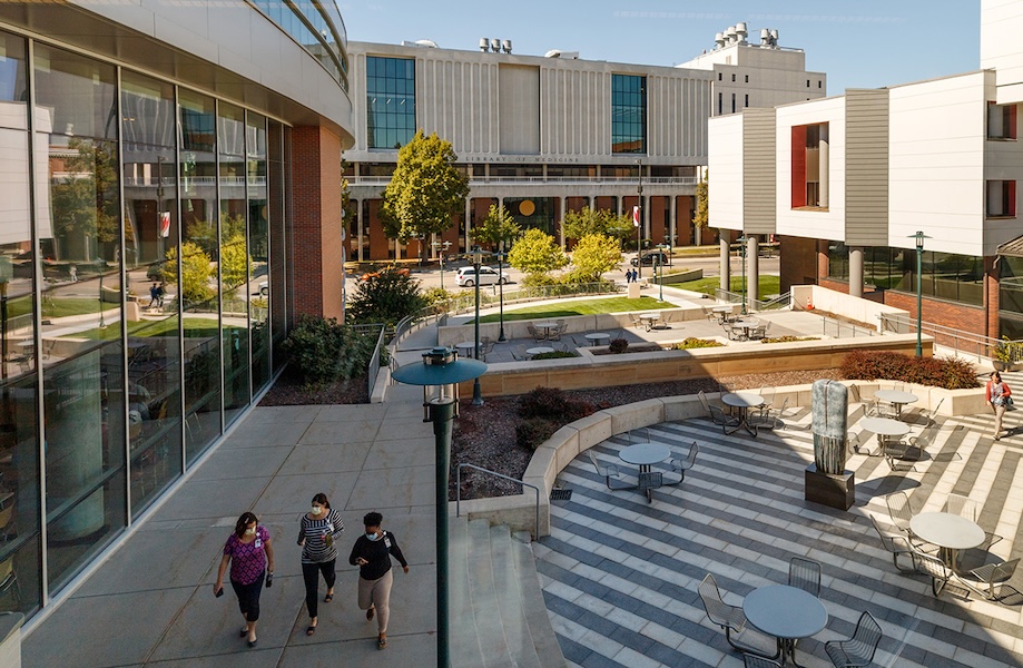 Students walking across campus.