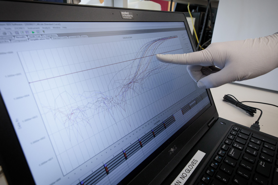Image of professional pointing to data on a computer screen