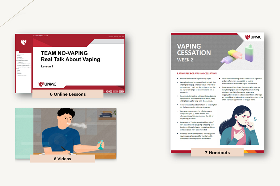 Collage showing educational materials: an online slide titled Team No-Vaping, an animated video of a person vaping, and a printed handout titled Vaping Cessation.