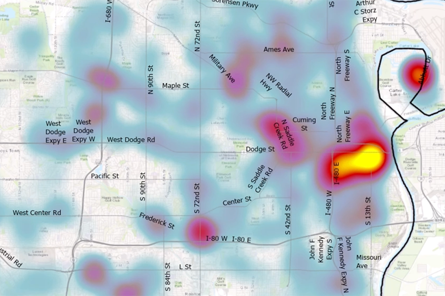 Heat map of Omaha NE showing alleged overdoses from 2024.