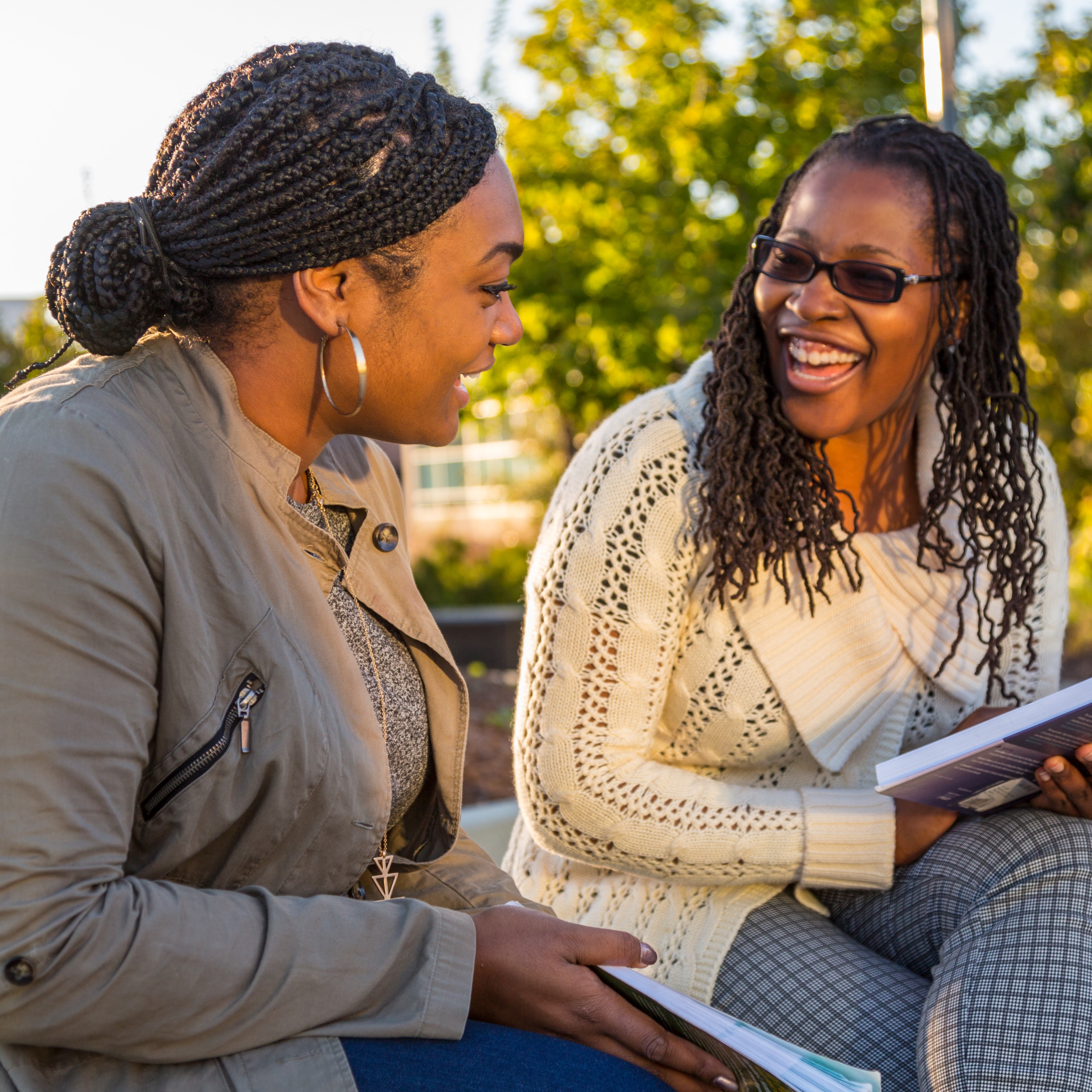Two students talking outside
