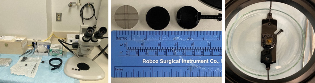 Three-image collage: setup of sample preparation area, three options for sample holders with ruler for comparison; and example of tissue sample mounted for imaging.