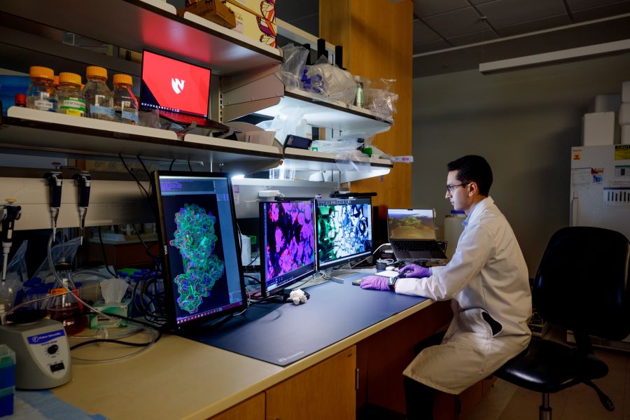 A UNMC researcher examines pathology samples on his computer.