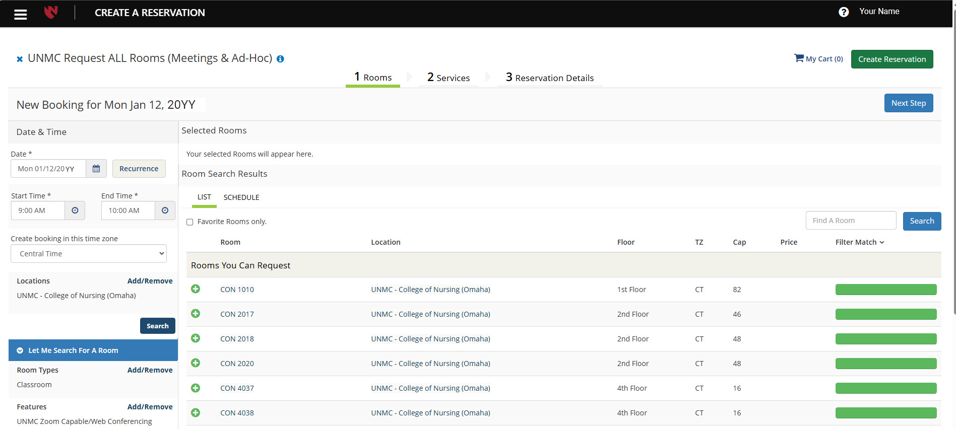 EMS Create a Reservation screen with search options and results showing