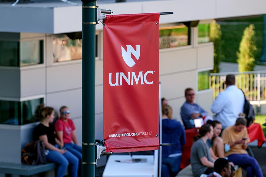 A view of UNMC's brand on a banner.