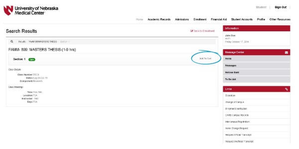 advanced search results screen in enrollment process with Add to Cart button highlighted