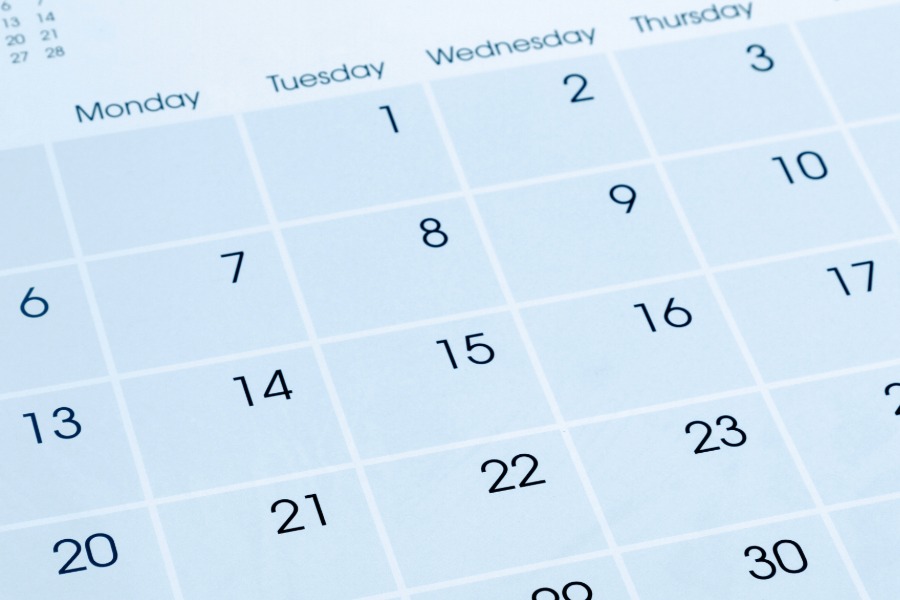 calendar page showing a square for each day of the month