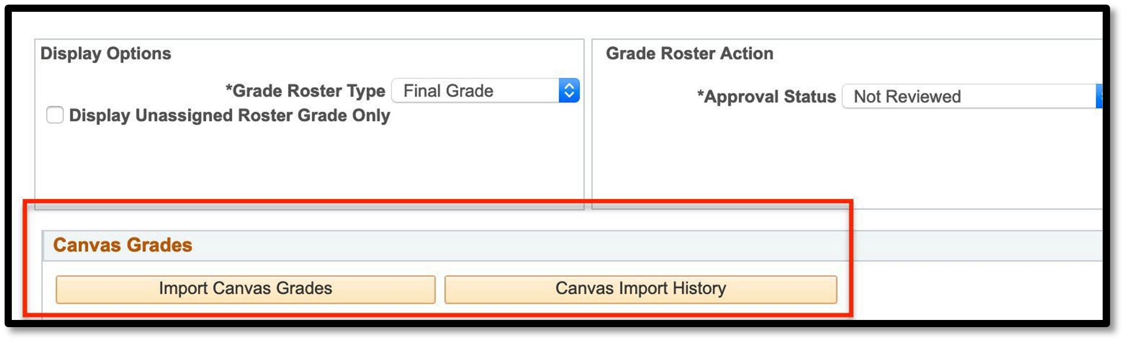 Screen showing the Canvas Grades buttons