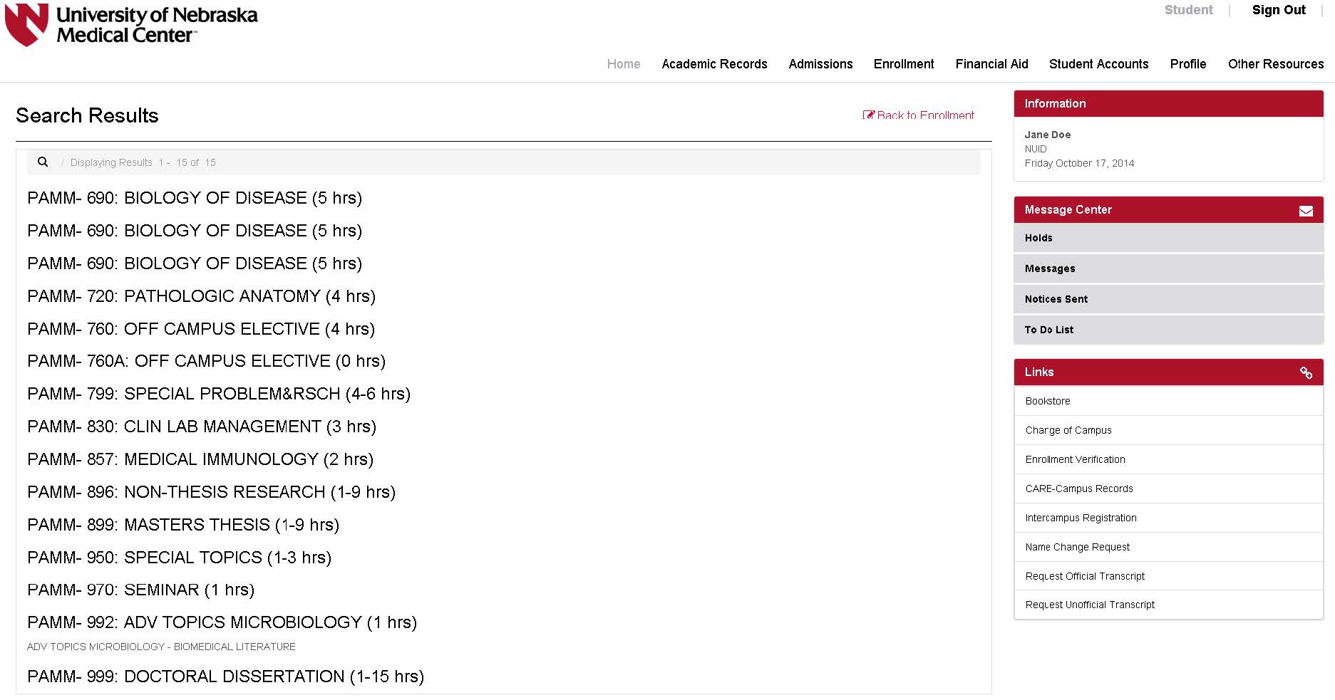 List of classes produced by the advanced search in enrollment