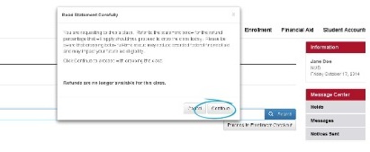 Drop class confirmation dialog box with Continue button highlighted