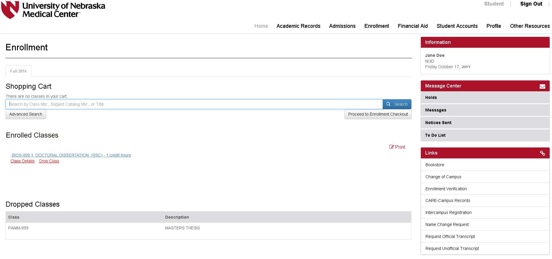 Enrollement screen with a class appear in the Dropped Classes section