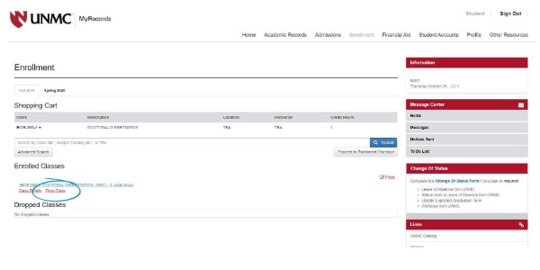 Enrollment screen in MyRecords with Drop Class link highlighted
