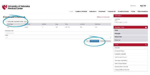 Enrollment Checkout screen with checkbox to select a class highlighted and the Enroll Selected button highlighted